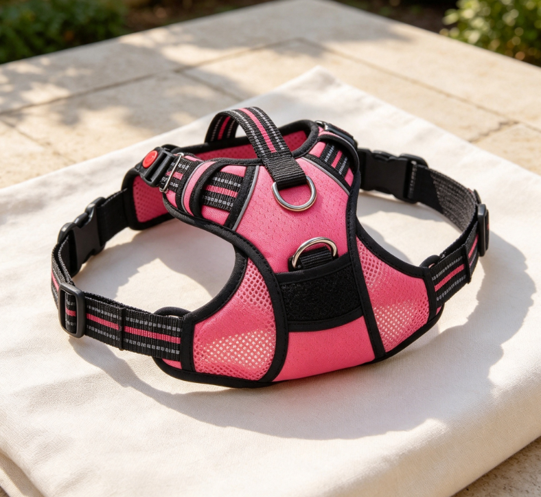 Black and Pink Color-Blocking Reflective Mesh Anti-Surge Chest and Rig for Small and Medium-Sized Dogs - Breathable Outing Leash