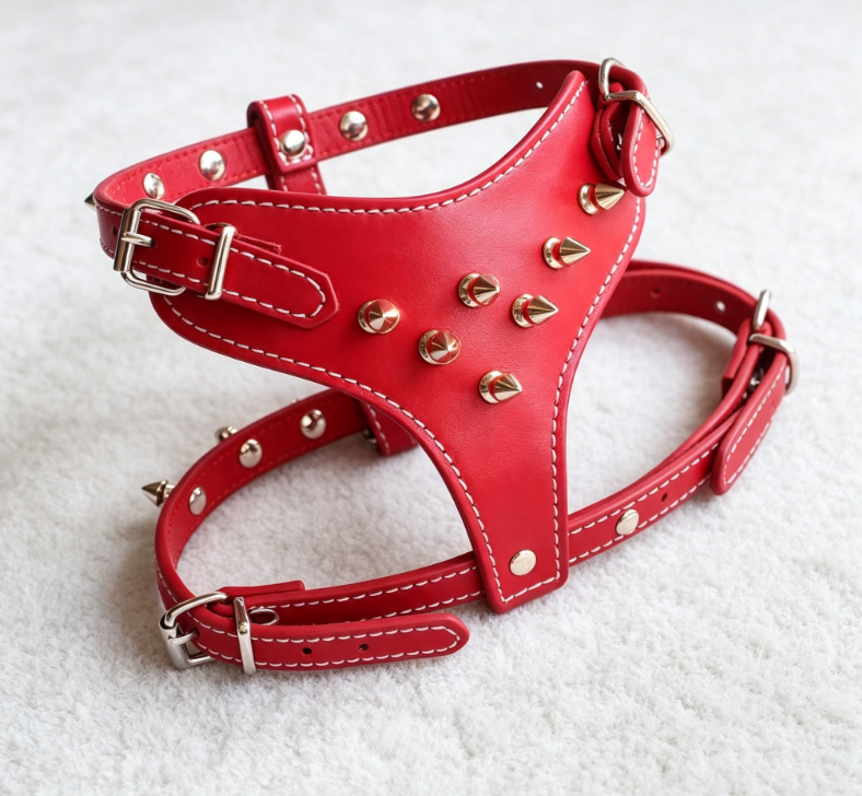 Trendy Red Studded Pointed Leather Pet Carrier - Punk Style Durable Genuine Leather Leash for Small and Medium-Sized Dogs - Image 2