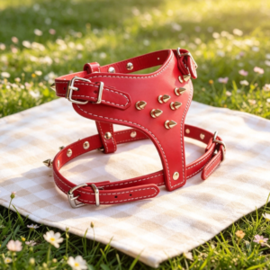Trendy Red Studded Pointed Leather Pet Carrier - Punk Style Durable Genuine Leather Leash for Small and Medium-Sized Dogs
