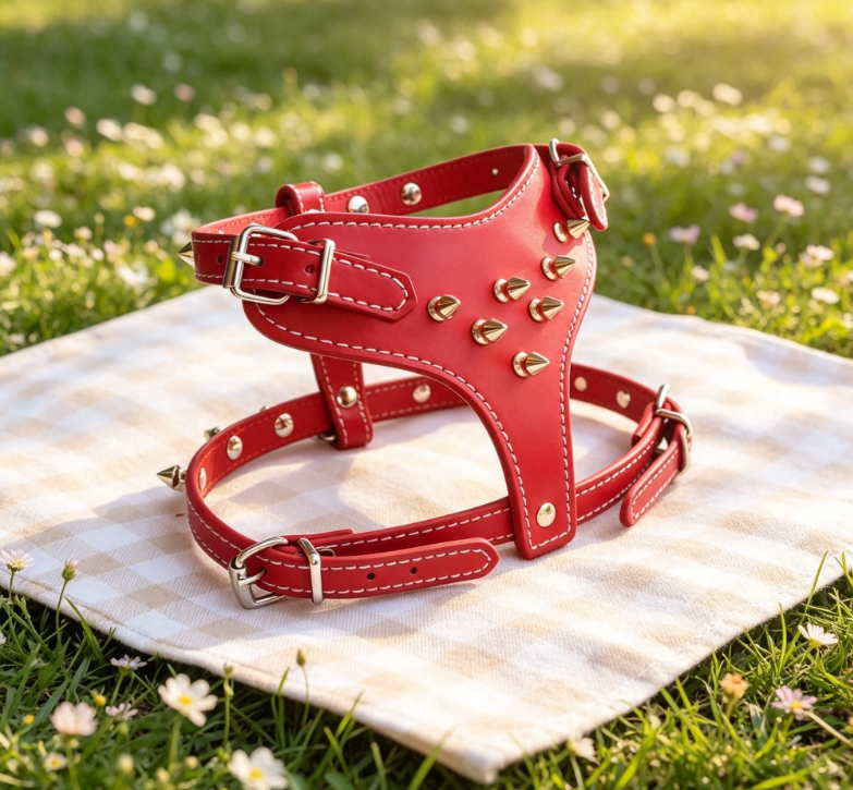 Trendy Red Studded Pointed Leather Pet Carrier - Punk Style Durable Genuine Leather Leash for Small and Medium-Sized Dogs