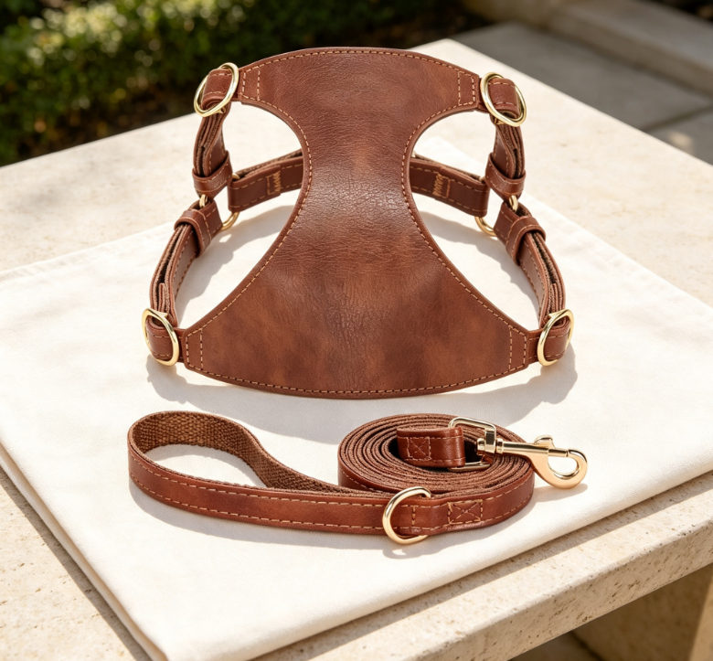 Retro Brown Genuine Leather Vest-Style Pet Bridle and Leather Two-Piece Set for Small Dogs - Image 2