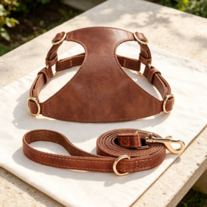 Retro Brown Genuine Leather Vest-Style Pet Bridle and Leather Two-Piece Set for Small Dogs