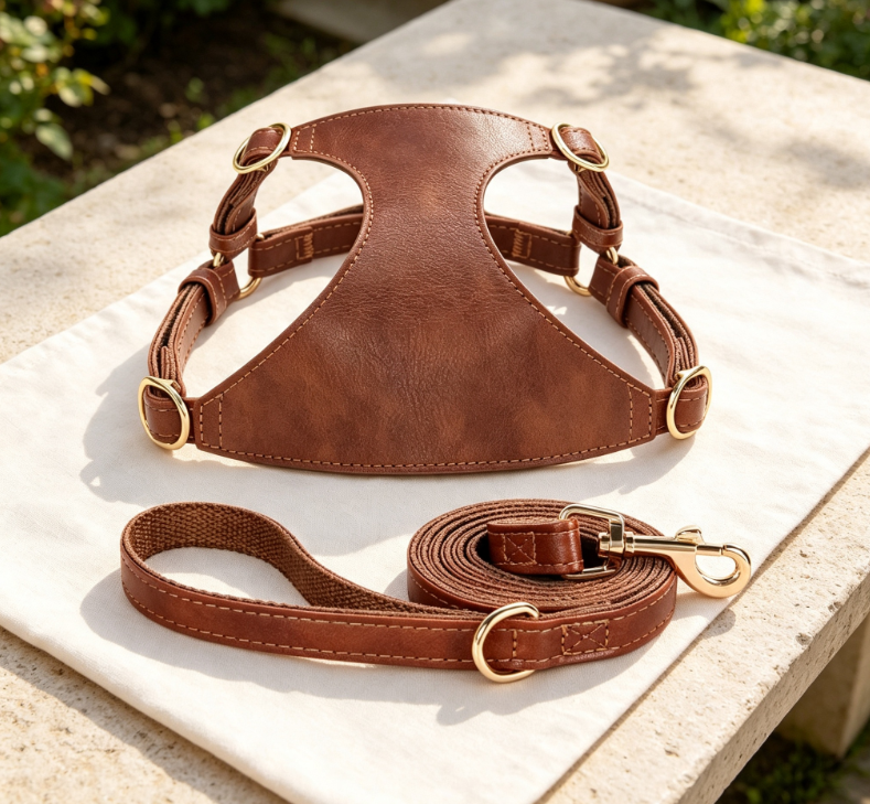 Retro Brown Genuine Leather Vest-Style Pet Bridle and Leather Two-Piece Set for Small Dogs