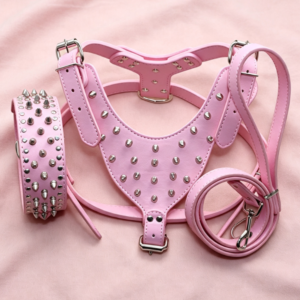 Sweet and Cool Pink Studded PU Leather Pet Harness Set (3 Pieces) - Trendy Studded Leash and Collar Set for Small Dogs