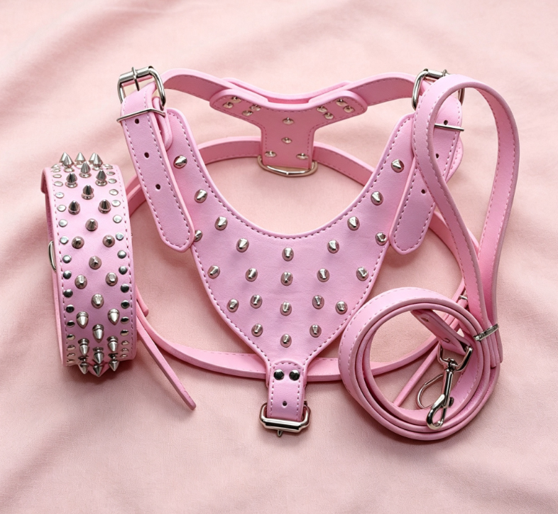 Sweet and Cool Pink Studded PU Leather Pet Harness Set (3 Pieces) - Trendy Studded Leash and Collar Set for Small Dogs