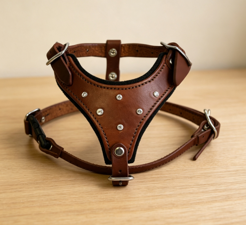 Retro Brown Cowhide Studded Rhinestone Dog Carrier - Durable Genuine Leather Cushion for Medium to Large Dogs