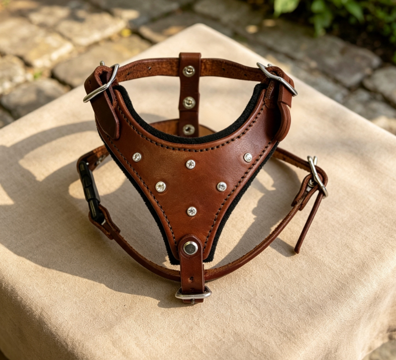 Retro Brown Cowhide Studded Rhinestone Dog Carrier - Durable Genuine Leather Cushion for Medium to Large Dogs - Image 2