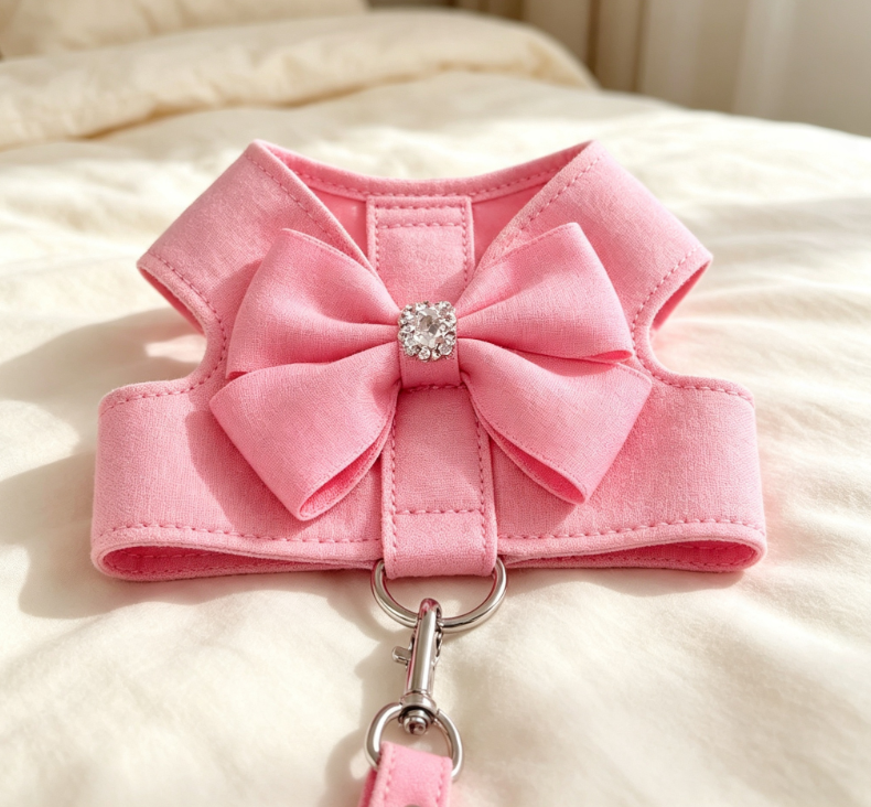 Sweet Rhinestone Bow Pet Harness Set, Small Dog Princess Style Fabric Leash Two-Piece Set - Image 2