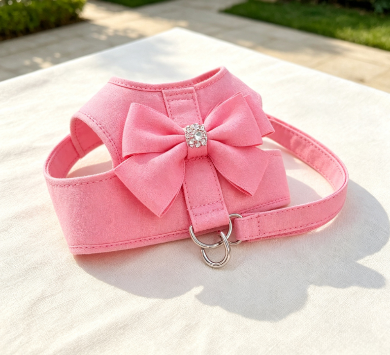 Sweet Rhinestone Bow Pet Harness Set, Small Dog Princess Style Fabric Leash Two-Piece Set