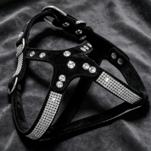 Luxury Black Velvet Leather Bridle for Small Dogs with Rhinestone Embellished Design