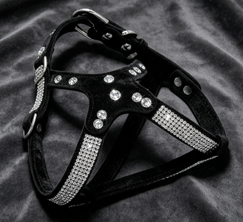 Luxury Black Velvet Leather Bridle for Small Dogs with Rhinestone Embellished Design