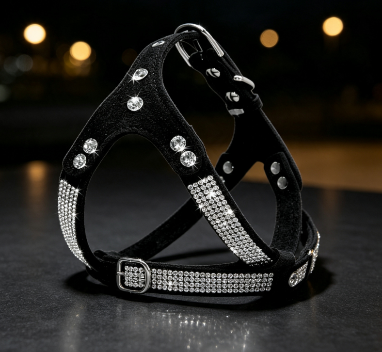 Luxury Black Velvet Leather Bridle for Small Dogs with Rhinestone Embellished Design - Image 2