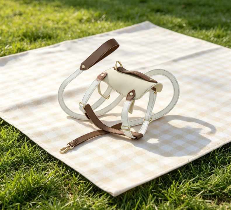 Retro Color-Blocked Leather Pet Harness with Small Pouch - Portable and Convenient Leash and Carrying Set - Image 2