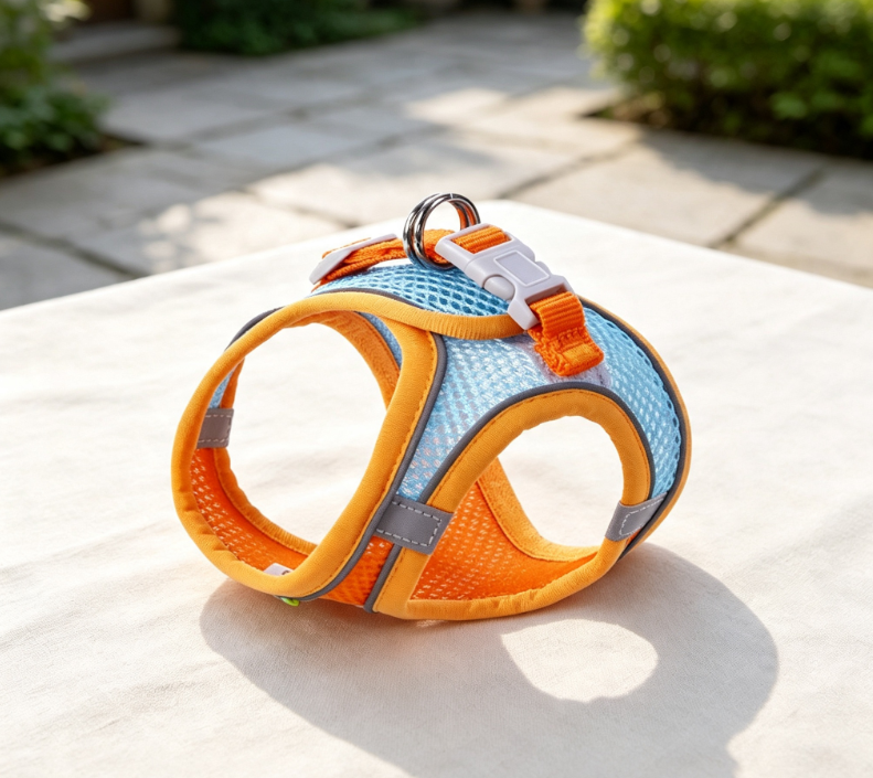 Blue and Orange Color-Blocking Reflective Mesh Dog Rigging Vest for Small Dogs - Breathable and Anti-Escape Leash